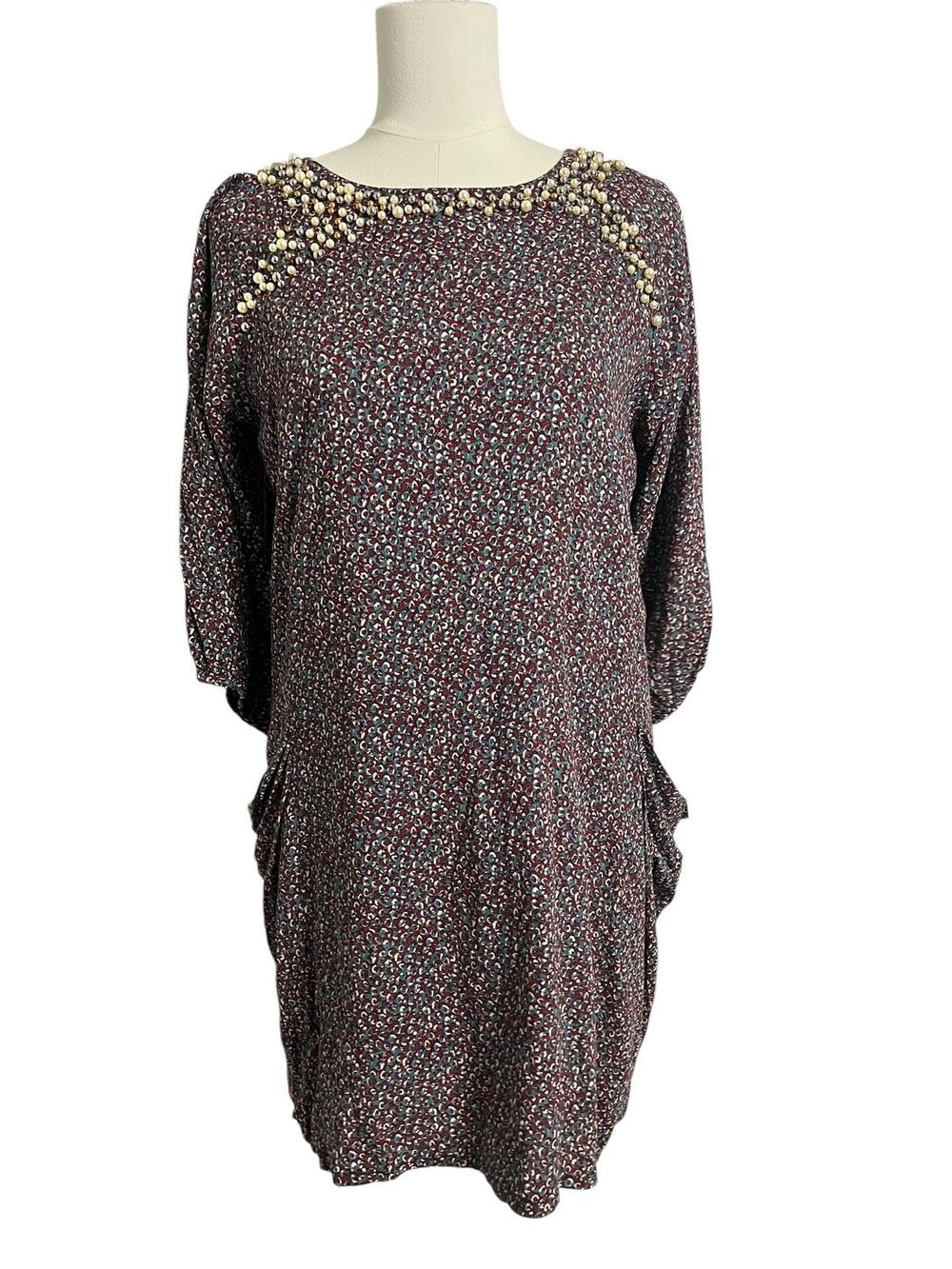 Womens M Printed Shift Dress Burgundy Teal Pearl Embellished Pocket Tunic Dress